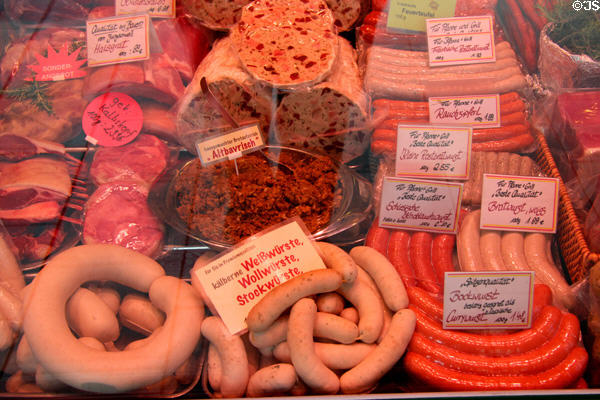 Wurst shop at Viktualienmarkt. Munich, Germany.