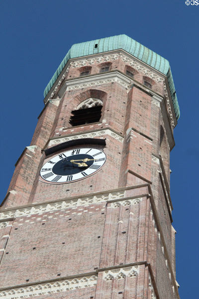Renaissance dome (1524) on octagonal Gothic tower (1488) of Frauenkirche. Munich, Germany.