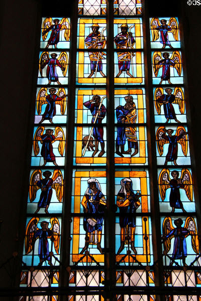 Modern stained glass window at Frauenkirche. Munich, Germany.