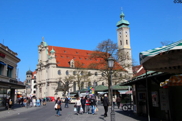 Heilig-Geist-Kirche (1724-30 remodeled upon 1392 original) on edge of Munich market. Munich, Germany. Style: Neo-Baroque. Architect: Johann Georg Ettenhofer.