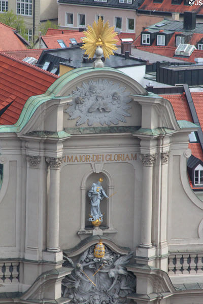 Neo-Baroque details of entry facade of Heilig-Geist-Kirche. Munich, Germany.