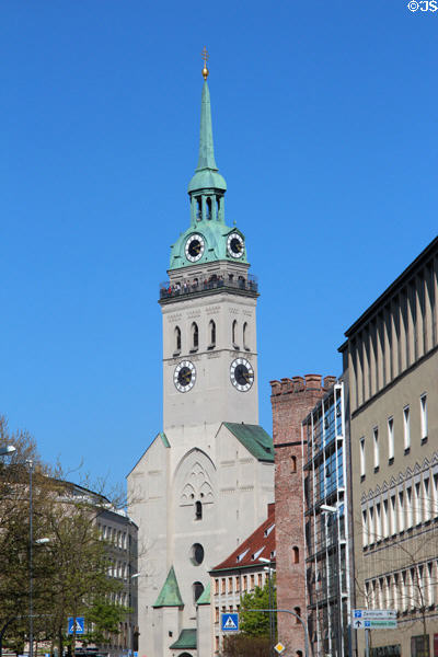 Tower & entrance facade of Peterskirche (aka Alter Peter). Munich, Germany.