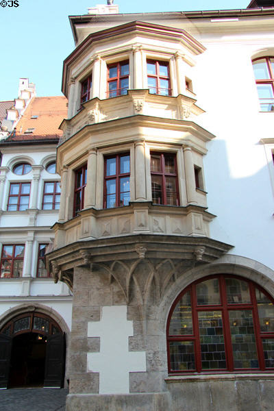Oriel corner window on Hofbrauhaus am Platzl. Munich, Germany.