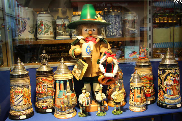 Souvenir beer steins in Hofbrauhaus area shops. Munich, Germany.