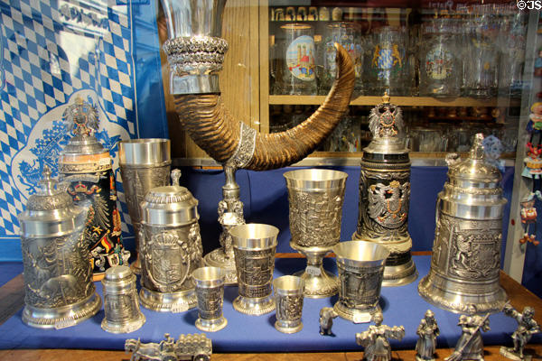Souvenir pewter vessels in Hofbrauhaus area shops. Munich, Germany.