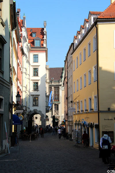 Pfisterstaße streetscape approaching Hofbrauhaus area. Munich, Germany.