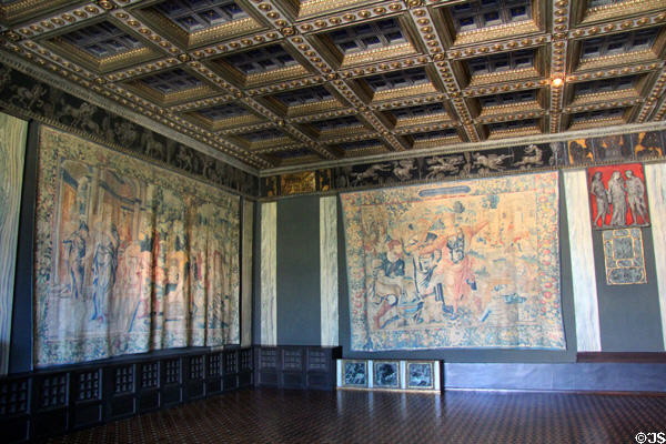 Antique tapestries in artist's studio & banquet hall at Villa Stuck Museum. Munich, Germany.