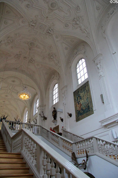 Entrance stairs up to German Hunting & Fishing Museum. Munich, Germany.