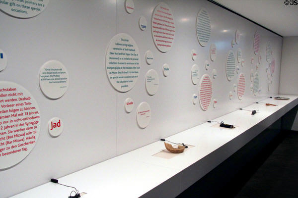 Display to familiarize visitors with Jewish culture at Jewish Museum Munich. Munich, Germany.