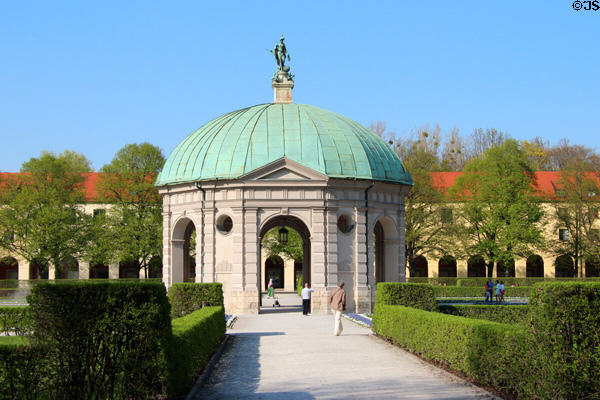 Gazebo in garden courtyard at Munich Residenz. Munich, Germany.