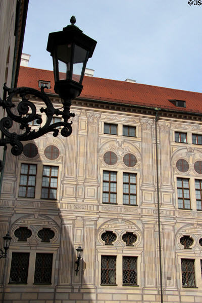 Exterior wall decorations in courtyard at Munich Residenz. Munich, Germany.