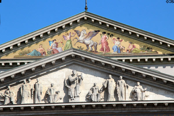 Detail of double pediments of Bavarian National Theatre with carved frieze of Apollo with Muses below a mosaic of Pegasus by Ludwig Schwantehaler. Munich, Germany.