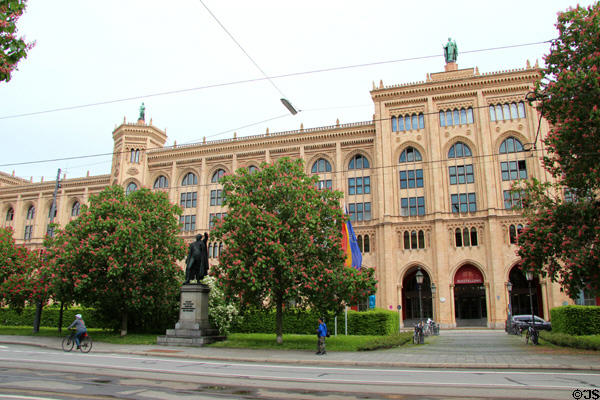 Towers & statues of Upper Bavaria building. Munich, Germany.