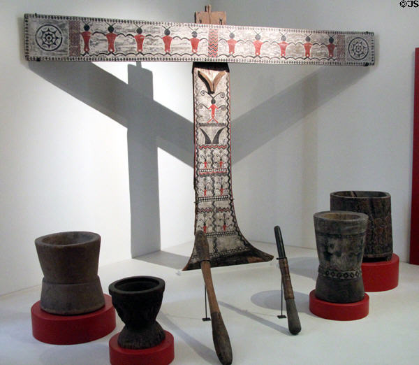 Polynesian house posts & millet mortars from Yami of Imurud village, Botel Tobago near Taiwan at Five Continents Museum. Munich, Germany.