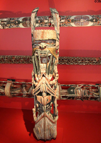 Carved Malanggan friezes from northern New Ireland Polynesia at Five Continents Museum. Munich, Germany.