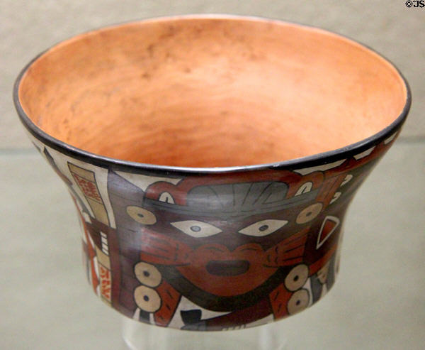 Nazca culture ceramic bowl painted with human face (100-700 CE) from southern coast of Peru at Five Continents Museum. Munich, Germany.