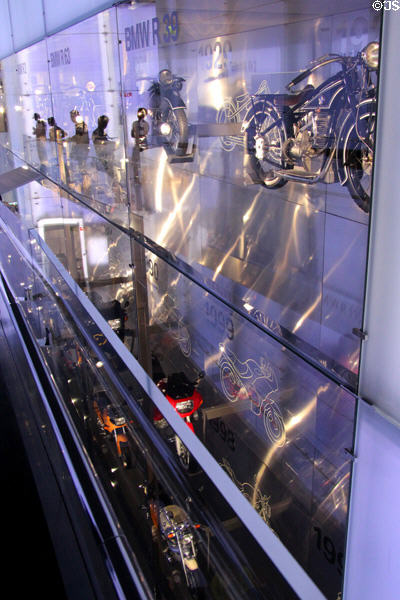 Wall of motorcycles display at BMW Museum. Munich, Germany.