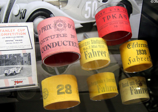 Auto racing driver identification armbands (1939) at BMW Museum. Munich, Germany.