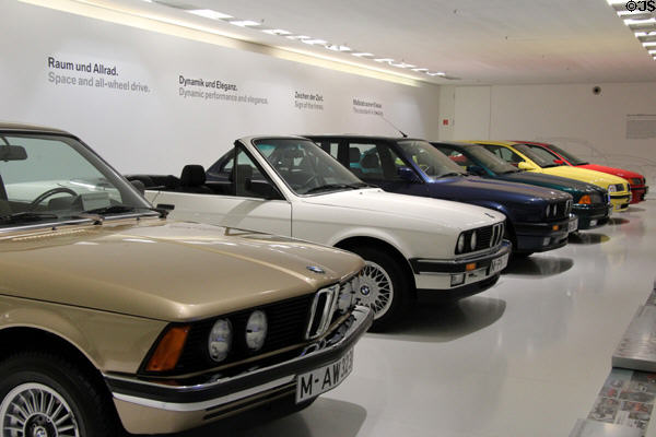 BMW auto models trace company's progress at BMW Museum. Munich, Germany.