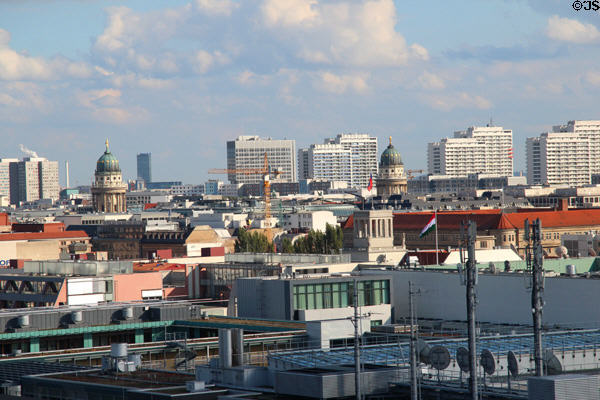 Twin French & German church domes from top of German Bundestag. Berlin, Germany.