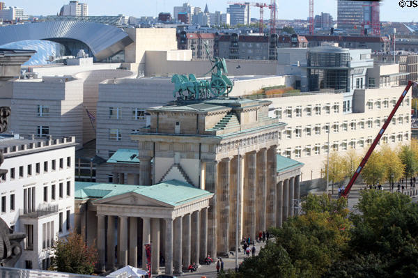 View to Brandenberg Gate from top of German Bundestag. Berlin, Germany.