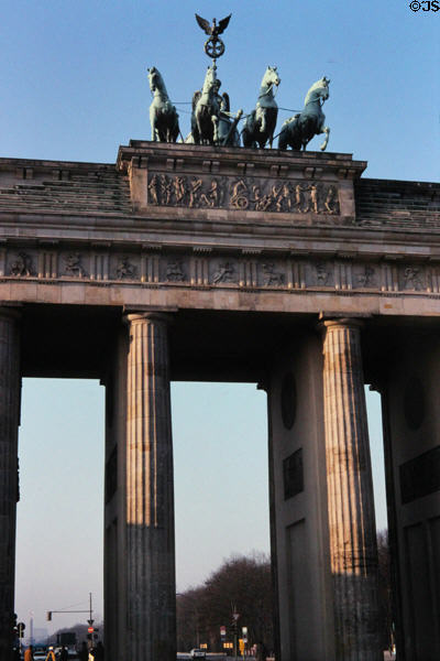 Brandenberg Gate with horses turned toward east by East Germans. Berlin, Germany.