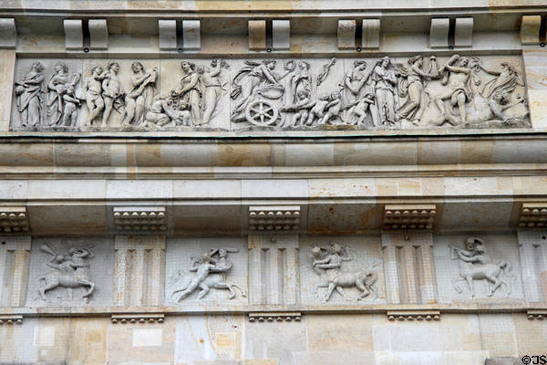 Neoclassical scenes in relief on Brandenburg Gate. Berlin, Germany.