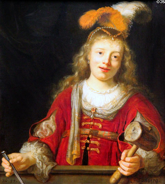 Woman with mallet & nail painting (1644) by Johann Spilberg the Younger from Düsseldorf at Berlin Gemaldegalerie. Berlin, Germany.