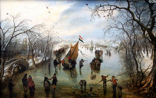 Winter painting (1614) by Adriaen Pietersz van de Venne at Berlin Gemaldegalerie. Berlin, Germany.