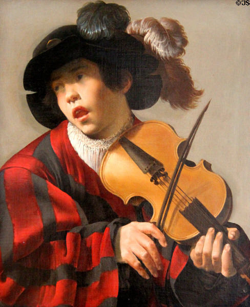 Portrait of singer with stringed instrument (c1625) by Hendrick ter Brugghen at Berlin Gemaldegalerie. Berlin, Germany.