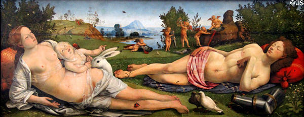 Venus, Mars & Amor painting (c1505) by Piero di Cosimo at Berlin Gemaldegalerie. Berlin, Germany.