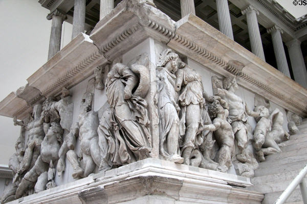 Hellenistic carvings of left wing of Pergamon main altar (c170 BCE) at Pergamon Museum. Berlin, Germany.