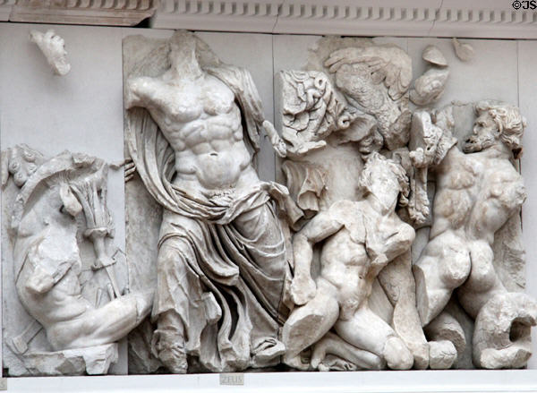 Details of Hellenistic carvings on Pergamon main altar (c170 BCE) at Pergamon Museum. Berlin, Germany.