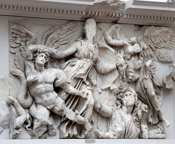Details of Hellenistic carvings on Pergamon main altar (c170 BCE) at Pergamon Museum. Berlin, Germany.