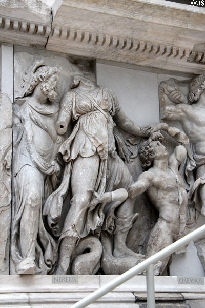 Details of Hellenistic carvings on Pergamon main altar (c170 BCE) at Pergamon Museum. Berlin, Germany.