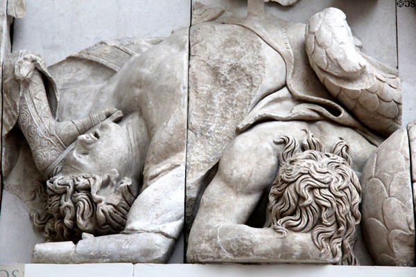 Details of Hellenistic carvings on Pergamon main altar (c170 BCE) at Pergamon Museum. Berlin, Germany.