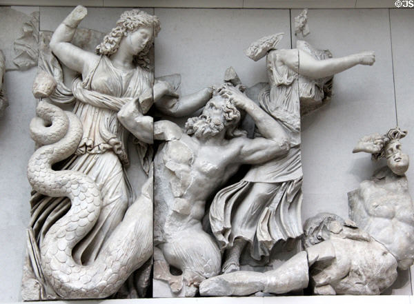 Details of Hellenistic carvings on Pergamon main altar (c170 BCE) at Pergamon Museum. Berlin, Germany.