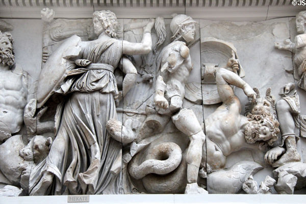 Details of Hellenistic carvings on Pergamon main altar (c170 BCE) at Pergamon Museum. Berlin, Germany.