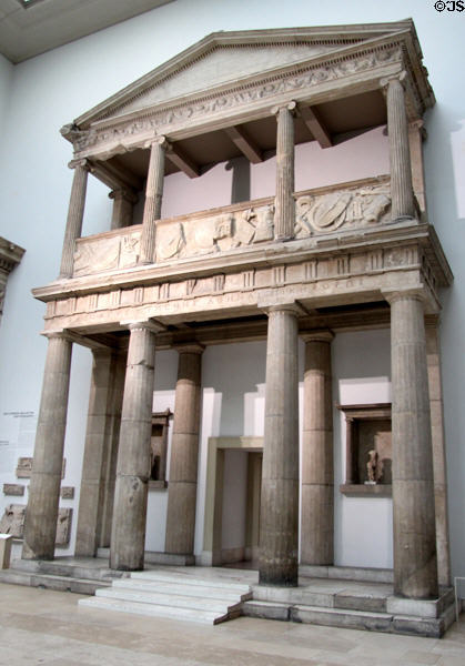 Propylon from Athena Sanctuary with original fragments of Pergamon (2ndC BCE) at Pergamon Museum. Berlin, Germany.