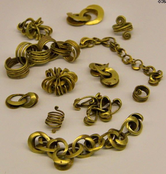 Gold lock-rings used for premonitory barter by weight (1st half of 2nd millennium BCE) from Pecs, Hungary at Pergamon Museum. Berlin, Germany.