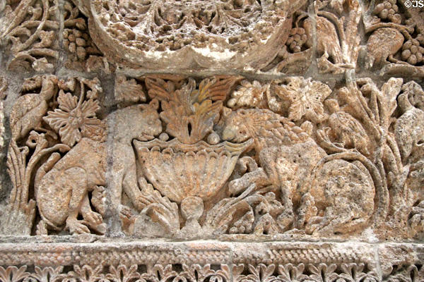 Detail of animals carved on stone facade (743-4) of caliph's desert palace in Mschatta Jordan at Pergamon Museum. Berlin, Germany.