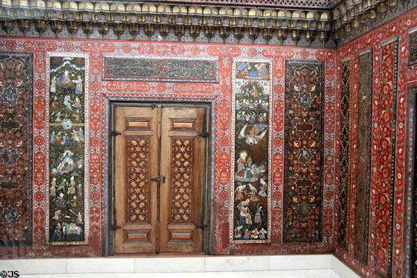 Painted wooden panels (1600-3) from reception hall of a Christian merchant from Aleppo, Syria at Pergamon Museum. Berlin, Germany.