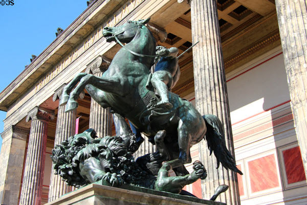 Löwenkämpfer (Lion Hunter) bronze equestrian statue (1858) by Albert Wolff in front of Altes Museum. Berlin, Germany.