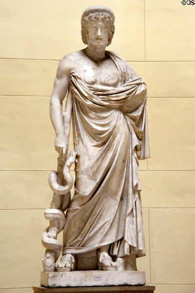 Sculpture of Asclepius, Greek god of medicine, in domed hall at Altes Museum. Berlin, Germany.