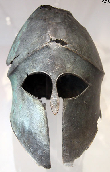 Bronze Greek helmet (6thC BCE) at Altes Museum. Berlin, Germany.