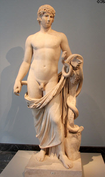 Roman marble portrait statue of Antinous, lover of Emperor Hadrian with Cornucopia & Snake (110-140 CE) at Altes Museum. Berlin, Germany.