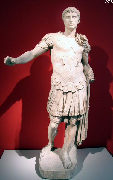 Marble statue merged in 19thC from a Caesar's head (5 BCE-14 CE) with later Flavian imperial body (69-90) at Altes Museum. Berlin, Germany.