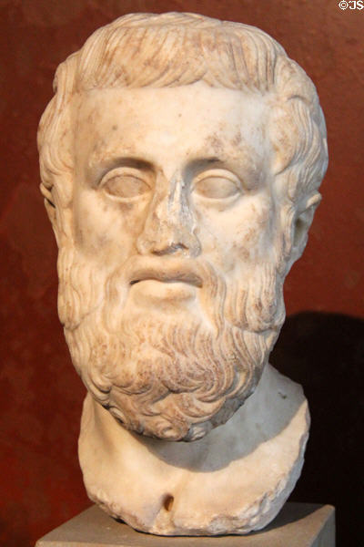 Marble portrait head of Athenian playwright Sophocles (Roman copy 1stC CE after Greek original 4thC BCE) at Neues Museum. Berlin, Germany.