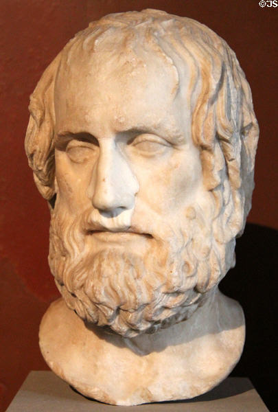 Marble portrait head of Athenian playwright Euripides (Roman copy after Greek original 4thC BCE) at Neues Museum. Berlin, Germany.