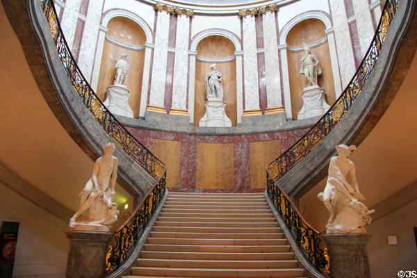 Staircase displaying statues of Prussian kings at Bode Museum. Berlin, Germany.